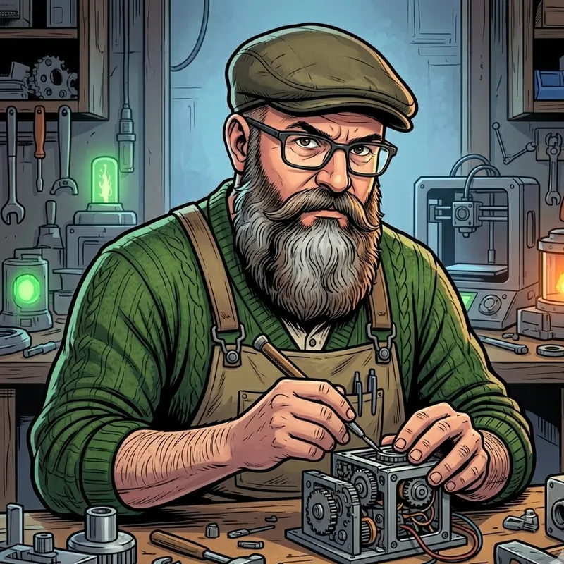 Comic-book illustration of Tyler, bearded in a flat cap and green sweater, tinkering with a gearbox at his workbench
